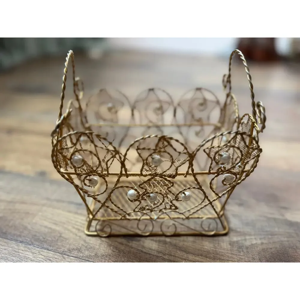 Vintage Gold Filigree Wire Basket Faux Pearl Vanity Jewelry Catchall Cottagecore